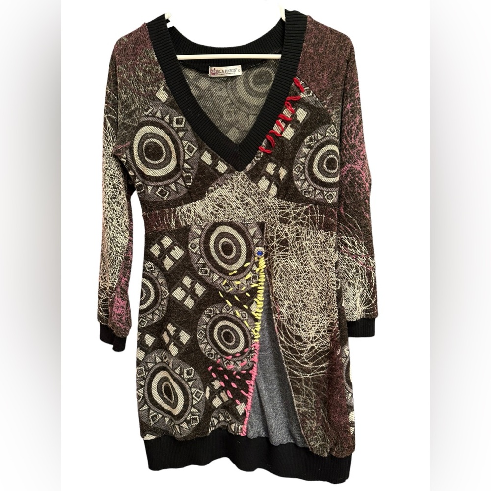 Forla Paris Sweater Dress Geometric Print V Neck Long Sleeve Women Size S